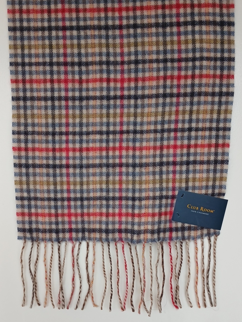 Macy's Club Room 100% Cashmere Scarf Blue-Red-Tan Plaid Fringe NWT
